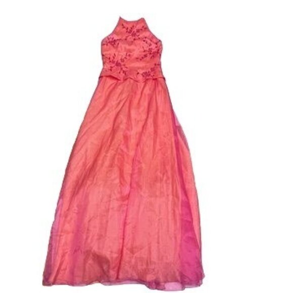 Niki Livas Pink Orange Embroidered Halter Dress With Corset Back Sz 6 Ball Gown - Picture 7 of 12